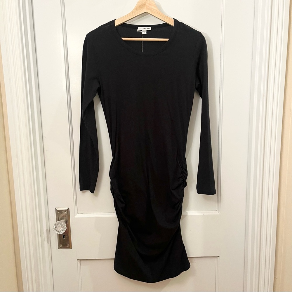 NWT Standard James Perse Black Crewneck Ruched Midi Dress Stretch Cotton 2 M